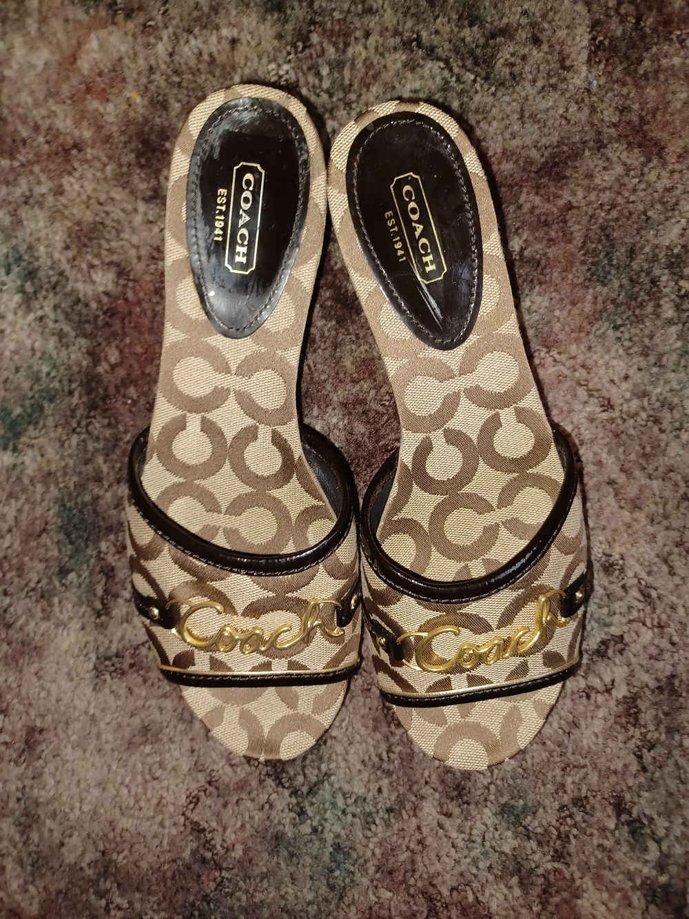 Coach Beige Brown Signature Logo Slide Mules with Gold Hardware